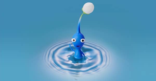 A picture of a Blue Pikmin hanging out in a pool of water.