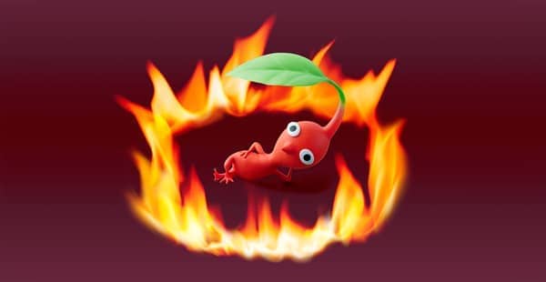 A picture of a Red Pikmin relaxing inside a ring of fire.